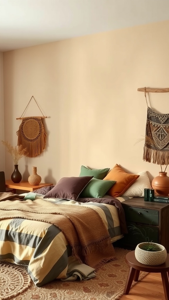 A cozy boho bedroom with earthy color palettes featuring beige walls, striped bedding, and natural decor elements.
