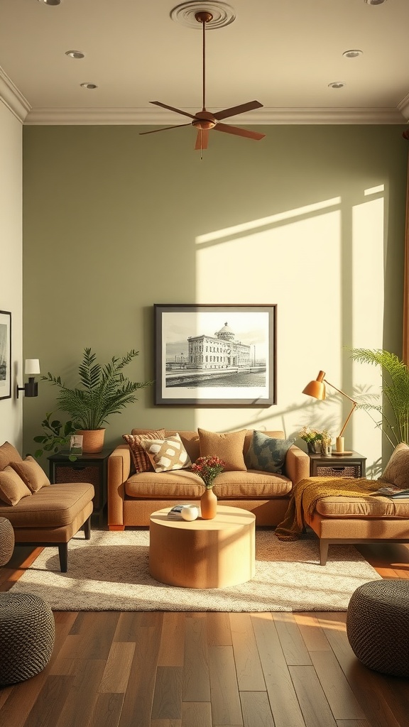 Cozy cottagecore living room with earthy colors, featuring green walls, warm-toned furniture, and plants