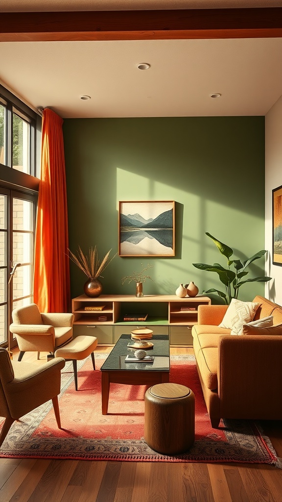 A cozy 70s-inspired living room with earthy colors, featuring orange curtains, green walls, and retro furniture.