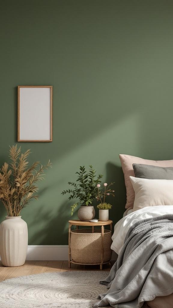 A cozy bedroom with an earthy green accent wall, featuring a bed with soft pillows, plants, and a decorative frame.