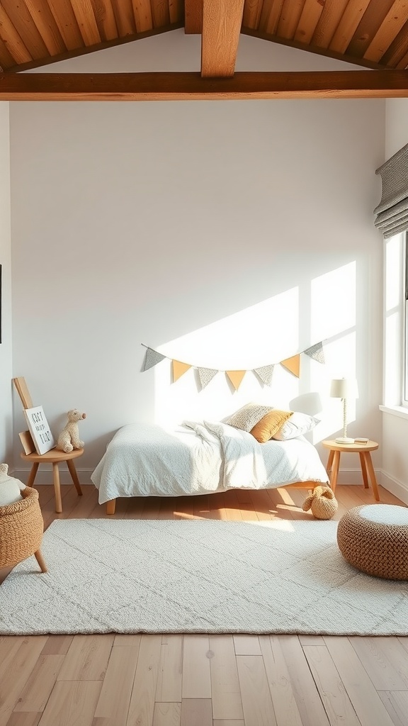 A minimalistic kids bedroom with a bed, soft rug, and easy-to-clean textiles.