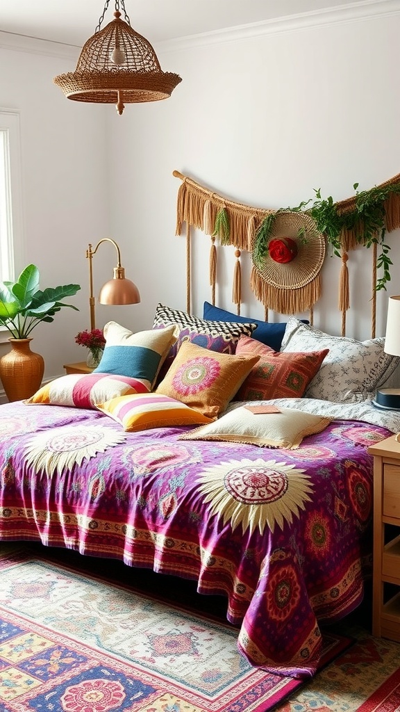 A cozy boho bedroom featuring eclectic bedding with a vibrant purple blanket and a variety of colorful throw pillows.