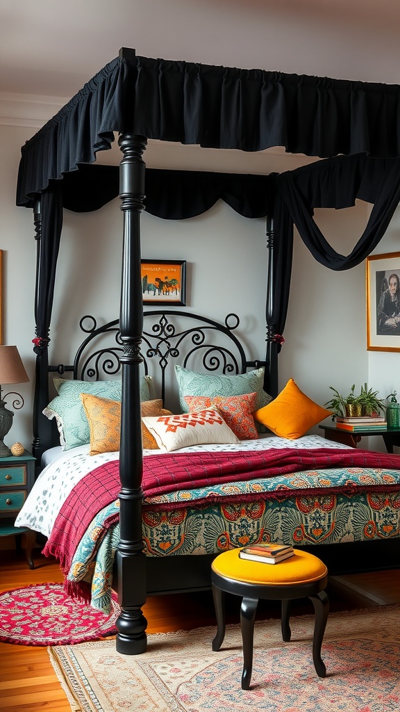 A stylish black canopy bed with mixed patterned bedding and colorful accents in a cozy bedroom.