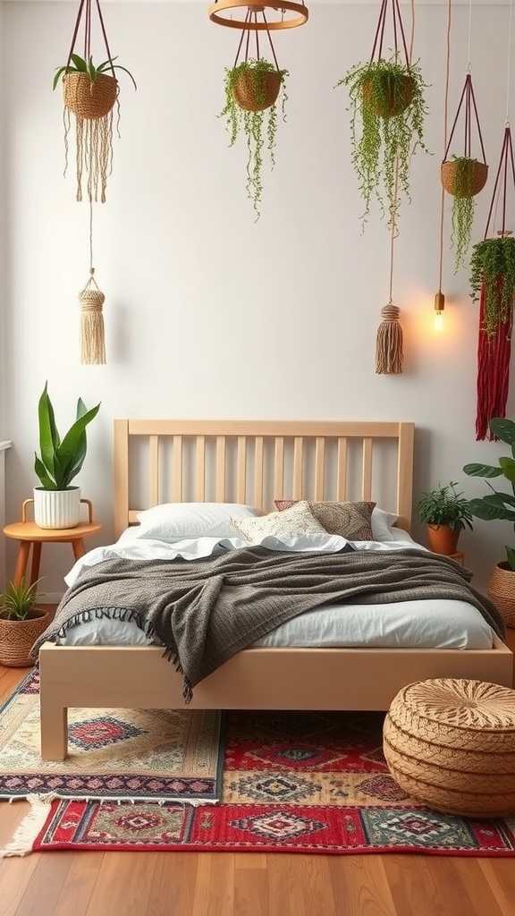 A cozy bohemian bedroom with a beige bedframe, vibrant rugs, hanging plants, and decorative pillows.