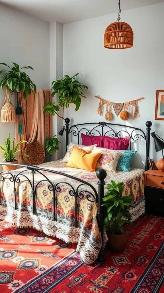 A cozy bohemian bedroom featuring a black iron bed frame, colorful bedding, plants, and eclectic decor.