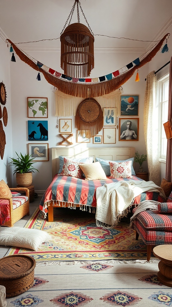 A cozy bedroom with eclectic bohemian decor featuring striped bedding, wall art, and wicker furniture.