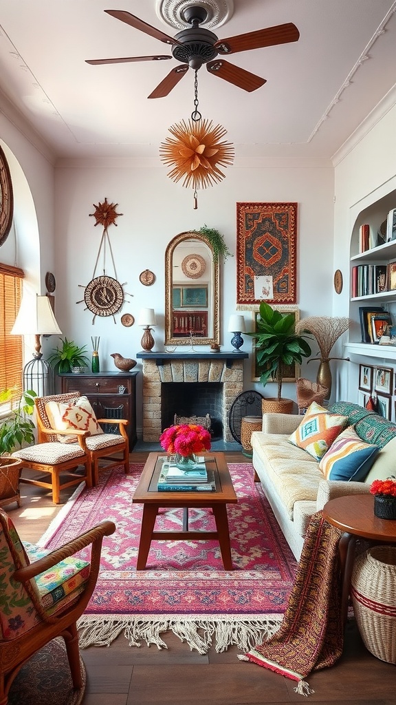 A cozy living room with eclectic bohemian decor, featuring a colorful rug, vibrant cushions, and artistic wall hangings.