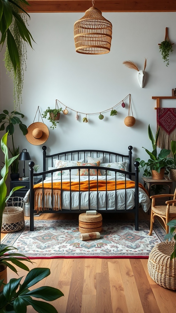 A cozy bedroom featuring a black bedframe, colorful bedding, plants, and bohemian decor.