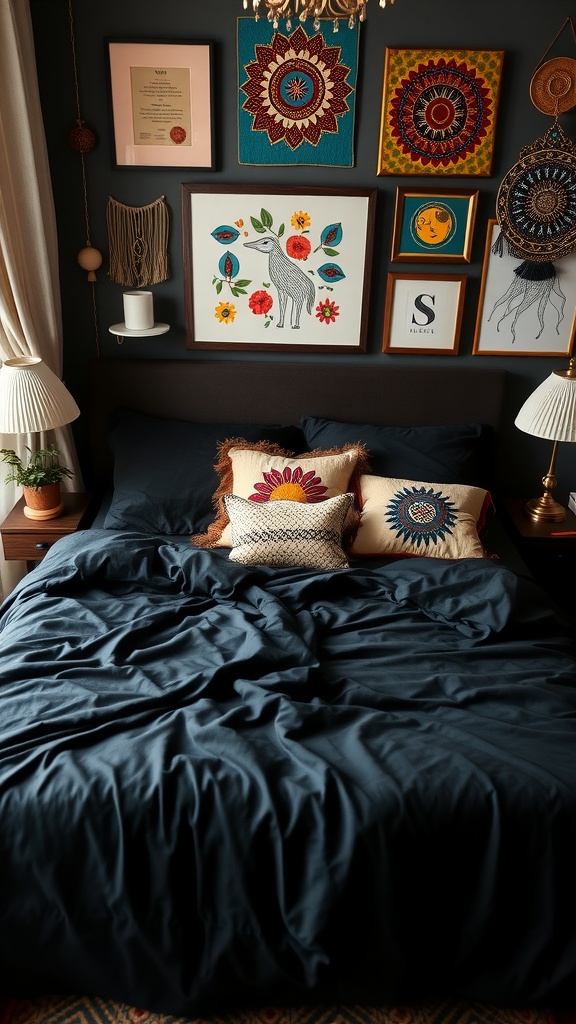 A cozy bedroom featuring black sheets, colorful wall art, and decorative pillows, creating an eclectic bohemian vibe.
