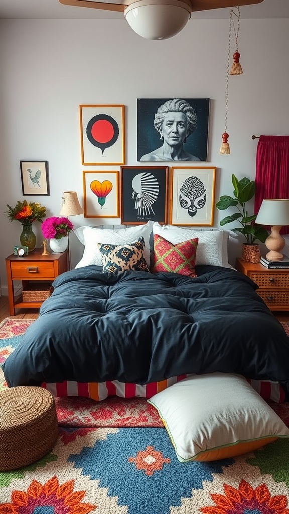 A cozy bedroom with a black comforter, colorful accent pillows, vibrant artwork on the walls, and a patterned rug.