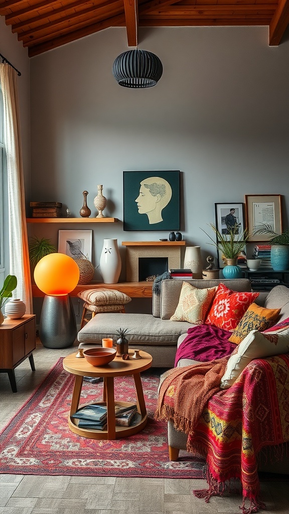 A cozy 90s-inspired living room featuring eclectic decor accents, vibrant pillows, and unique lighting.