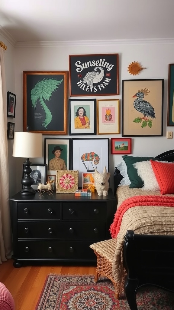 A cozy bedroom featuring a black dresser, colorful artwork on the walls, and eclectic decor elements.