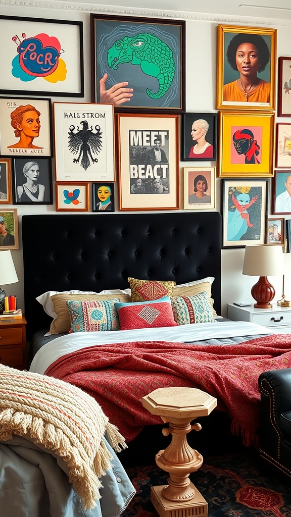 A cozy bedroom featuring a black headboard, colorful wall art, and a mix of textures in bedding.