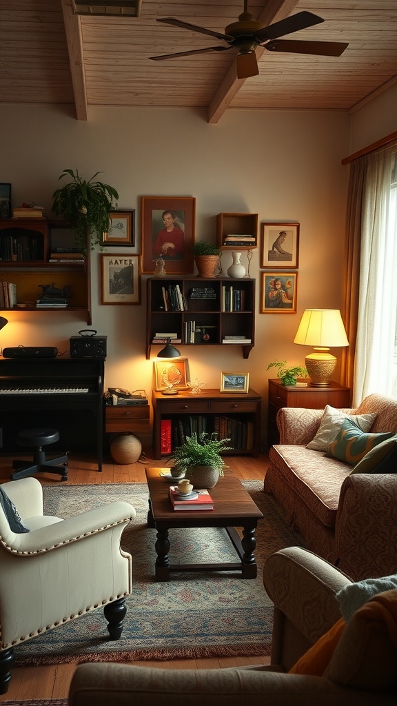 A cozy vintage living room with eclectic furniture, featuring a sofa, armchair, coffee table, and decor.
