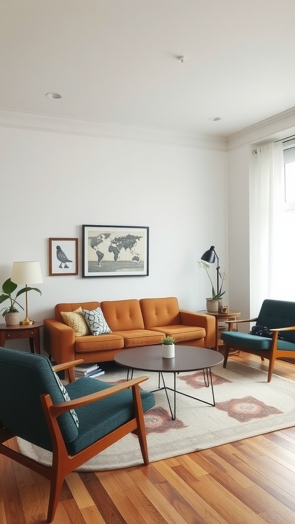A 70s inspired living room with an orange sofa, teal chairs, and a round coffee table on hardwood flooring.