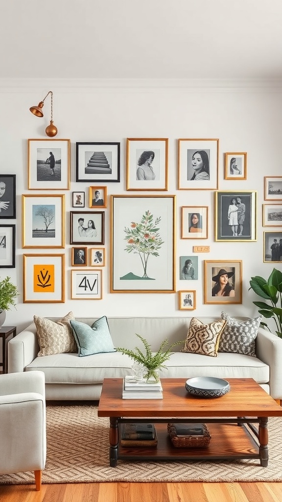 A cozy living room featuring an eclectic gallery wall with various framed artworks and photographs.