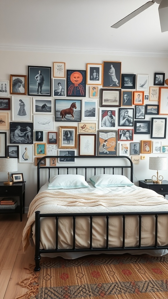 An eclectic gallery wall featuring a variety of framed art pieces above a black bed frame in a cozy bedroom.