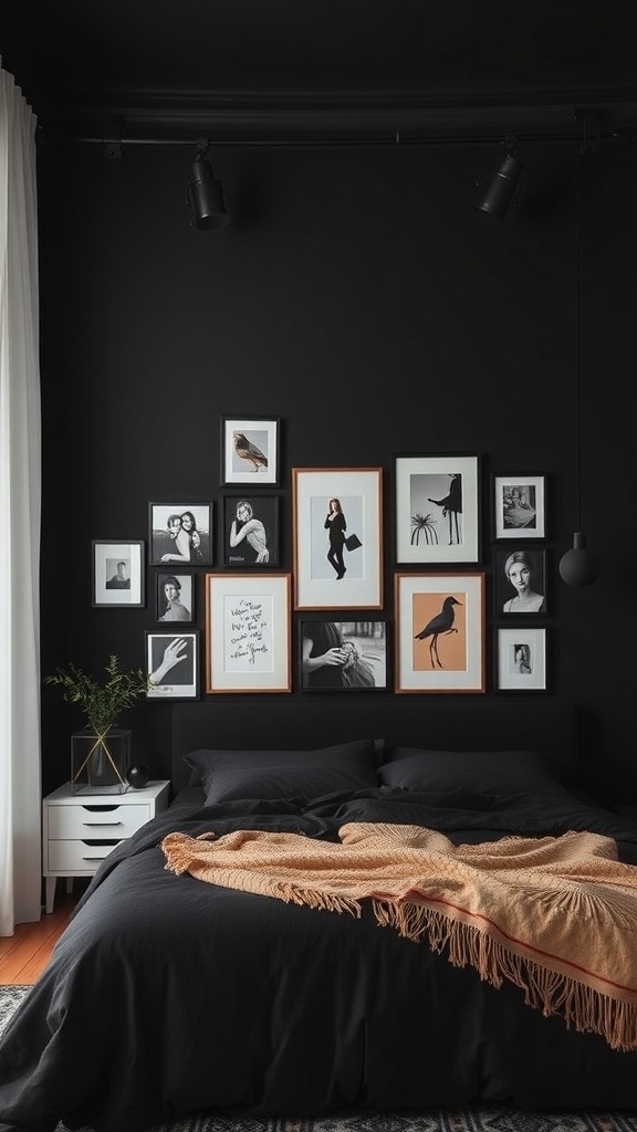 An eclectic gallery wall with various framed artworks on a black wall in a bedroom setting.