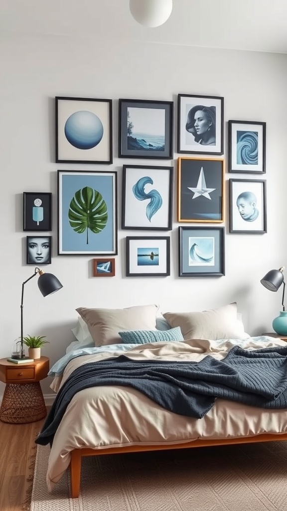 Eclectic gallery wall featuring various blue-themed art pieces in a bedroom