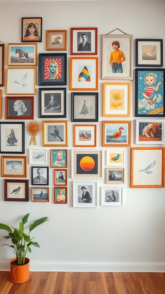 An eclectic gallery wall with various framed artworks and a potted plant.