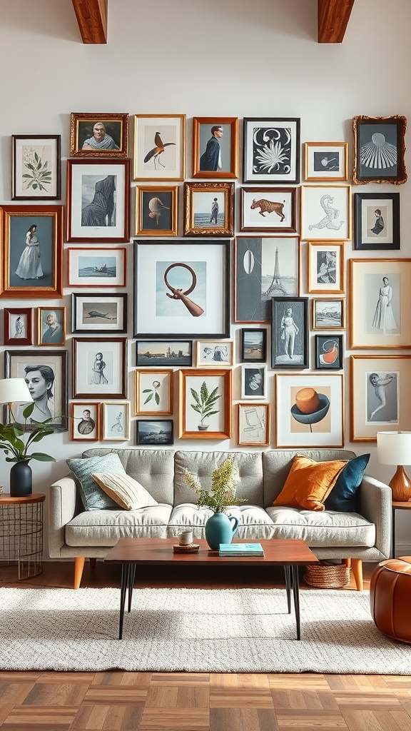 A cozy living room featuring an eclectic gallery wall with various framed art pieces, a comfortable sofa, and a coffee table.