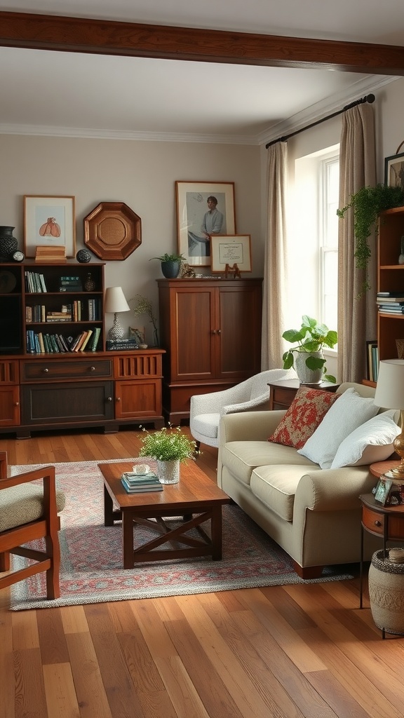 A cozy living room featuring a mix of vintage and modern furniture, warm wooden flooring, and inviting decor.