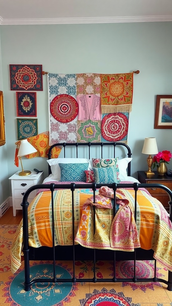 A colorful bedroom featuring a black bed frame, vibrant bedding, and an eclectic mix of wall art and patterns.