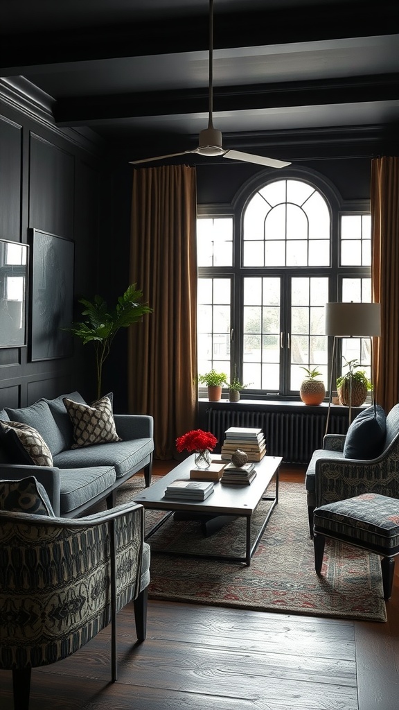 A stylish black living room with a mix of patterned chairs, dark walls, and natural light