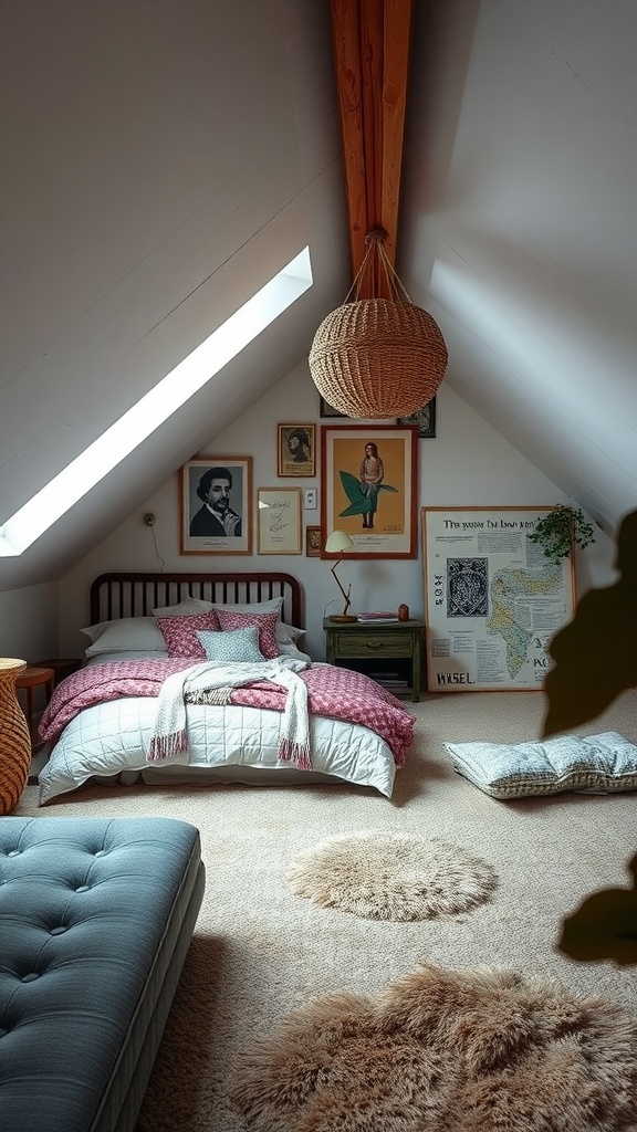 Cozy attic bedroom with angled ceilings, featuring a mix of patterns and textures in the decor.