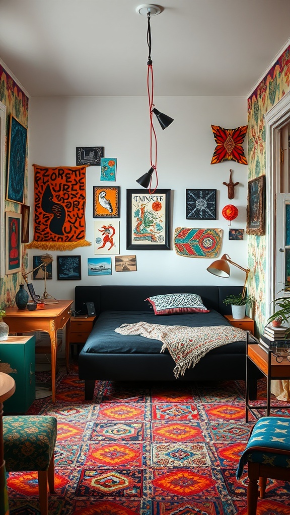 A cozy bedroom featuring a black bed surrounded by colorful artwork and patterned decor.