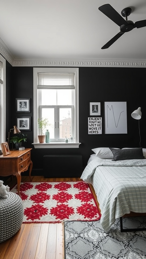 A stylish black bedroom featuring a mix of textures, patterns, and furniture styles.