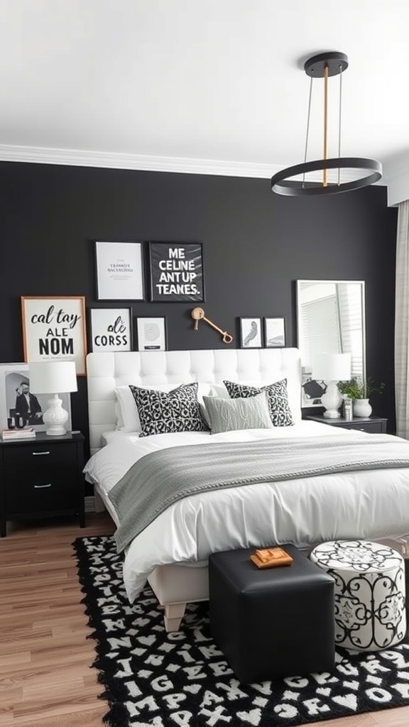 A stylish black and white bedroom featuring a dark wall, white bedding, and eclectic artwork.