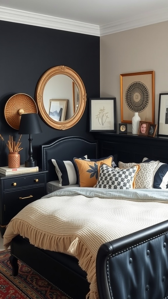 A stylish bedroom featuring black furniture, eclectic wall art, and cozy bedding.