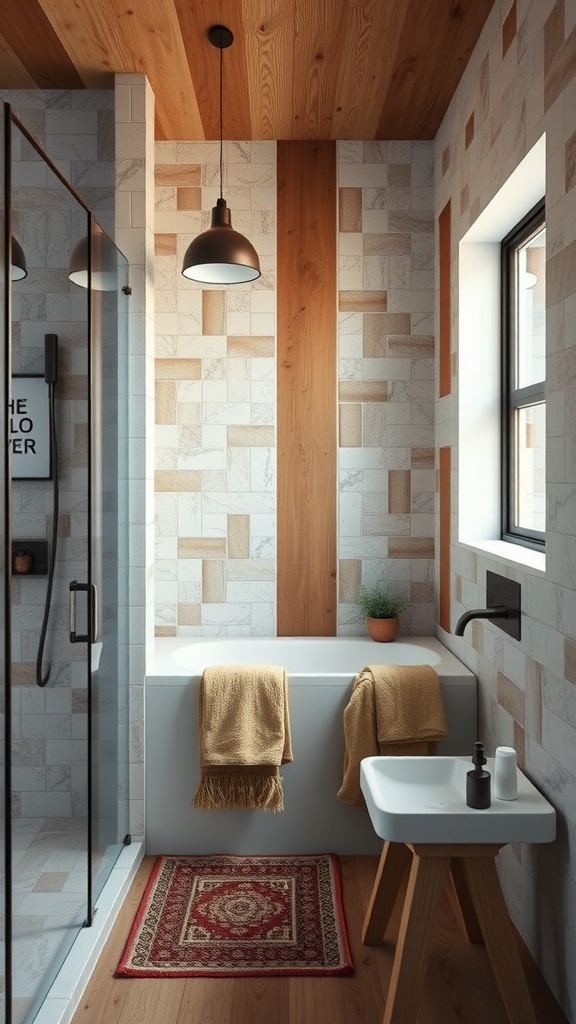 A stylish bathroom featuring a mix of wooden and stone textures, with towels and a decorative rug.