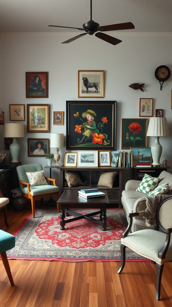 A cozy living room with vintage art, eclectic furniture, and warm wood floors