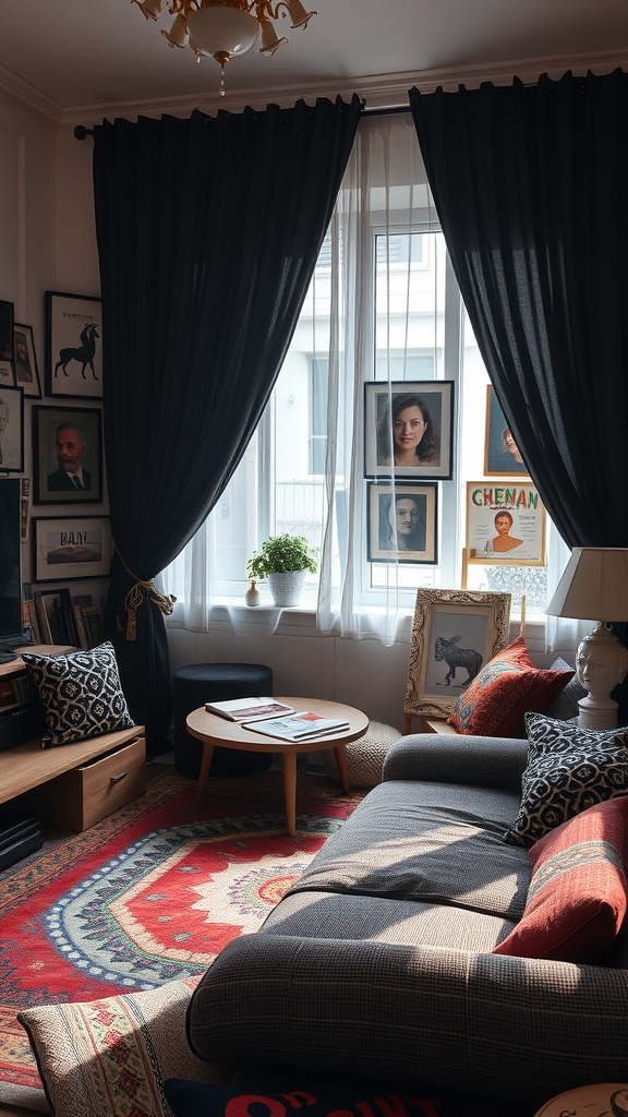 Cozy bedroom with black curtains, patterned cushions, and colorful rug.