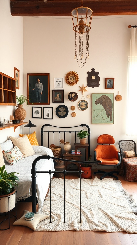 Cozy bedroom featuring a black metal bed frame, eclectic wall art, and warm decor elements.