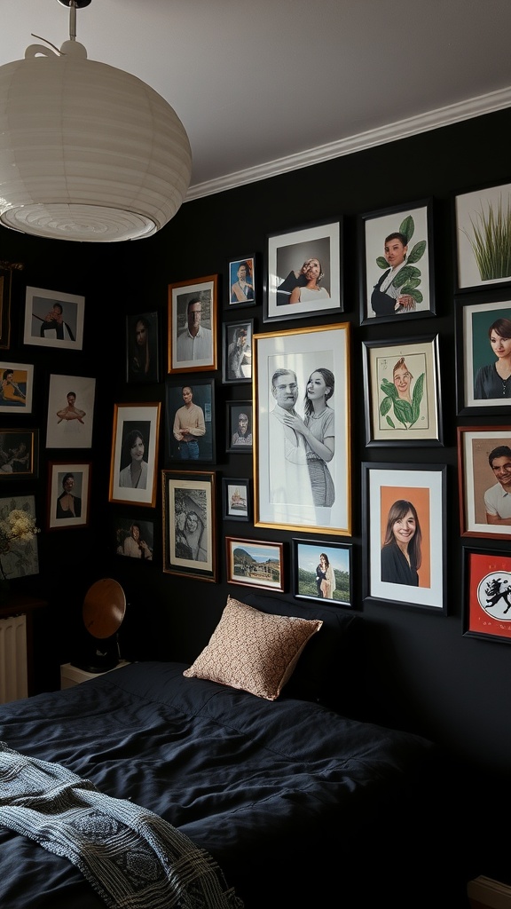 A cozy bedroom with a black wall gallery featuring various framed photos and art, a dark bedspread, and a pendant light.