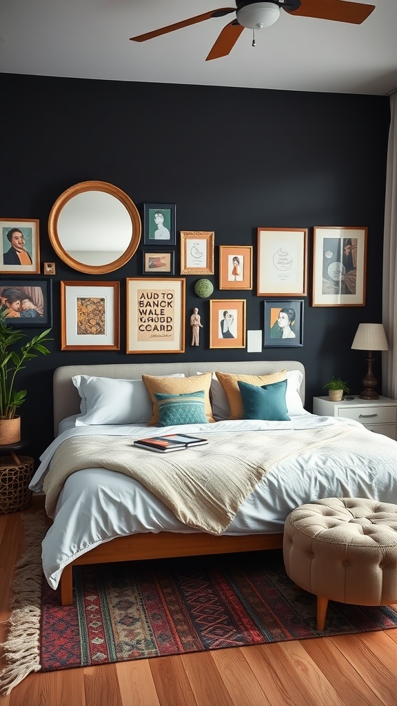A stylish bedroom with a black accent wall, featuring a mix of framed art, colorful pillows, and a cozy atmosphere.