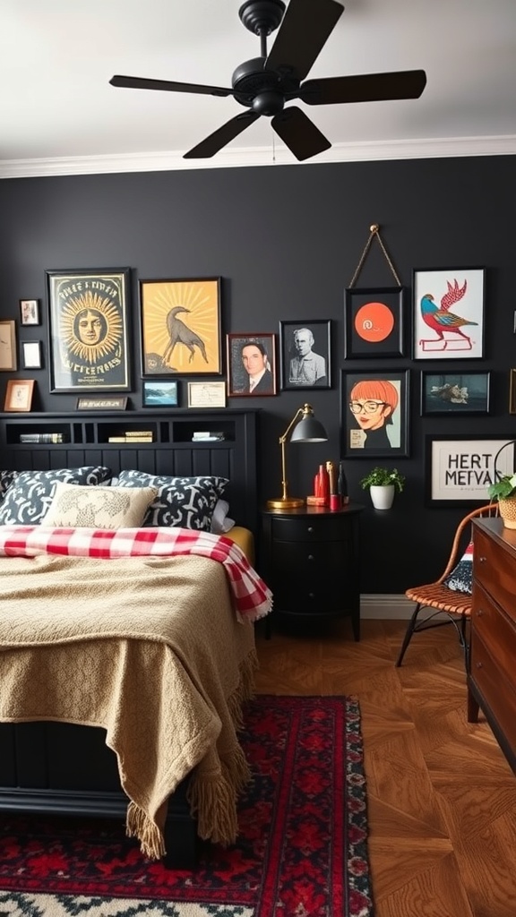 A cozy bedroom featuring black furniture, eclectic artwork, and colorful accents.