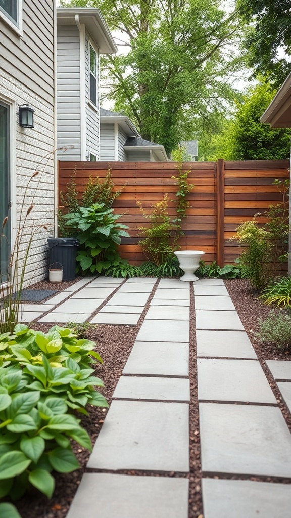 Eco-friendly concrete alternatives for a back patio with greenery and modern design.