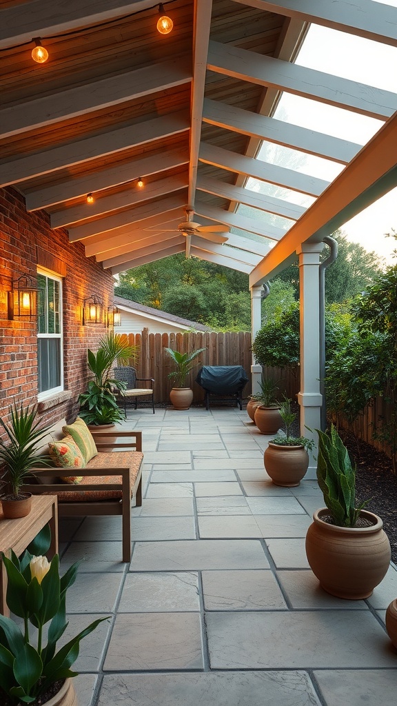 A cozy covered outdoor patio with potted plants and string lights.