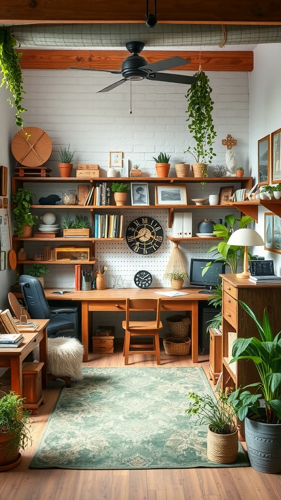 A cozy hobby room featuring wooden furniture, plants, and natural light.