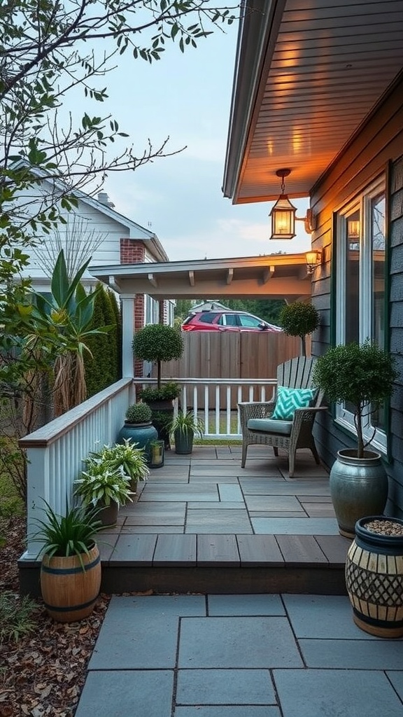 Eco-friendly front porch with potted plants and energy-efficient lighting.