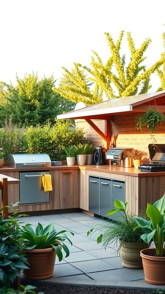 Eco-friendly outdoor kitchen with wooden cabinets, solar panels, and plants