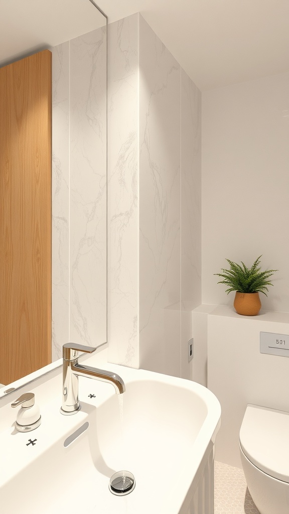 A modern bathroom featuring eco-friendly fixtures, a stylish faucet, and a decorative plant