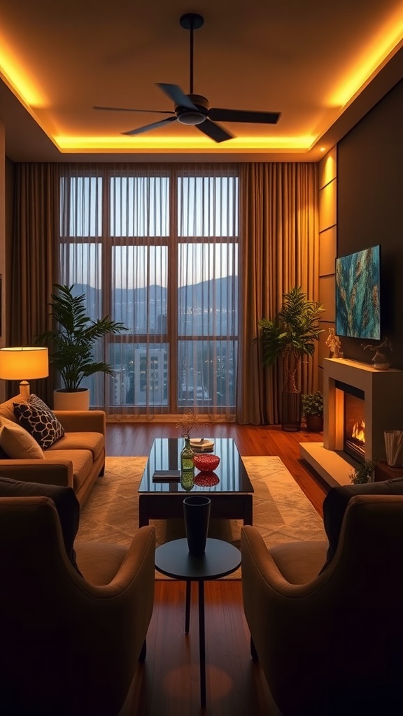 A cozy living room with warm lighting, large windows, and plants, showcasing eco-friendly design.