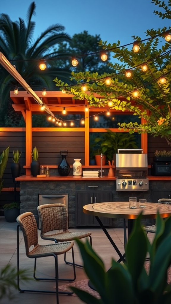 Outdoor kitchen with solar lighting, showcasing string lights above a dining area and kitchen.