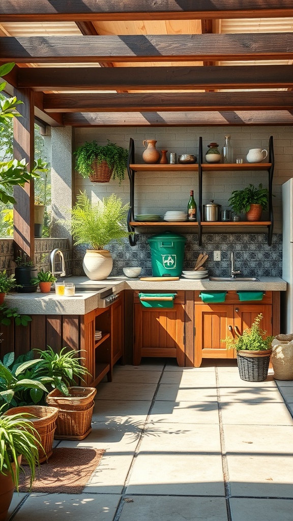 A small outdoor kitchen with wooden cabinets, plants, and a green waste bin.