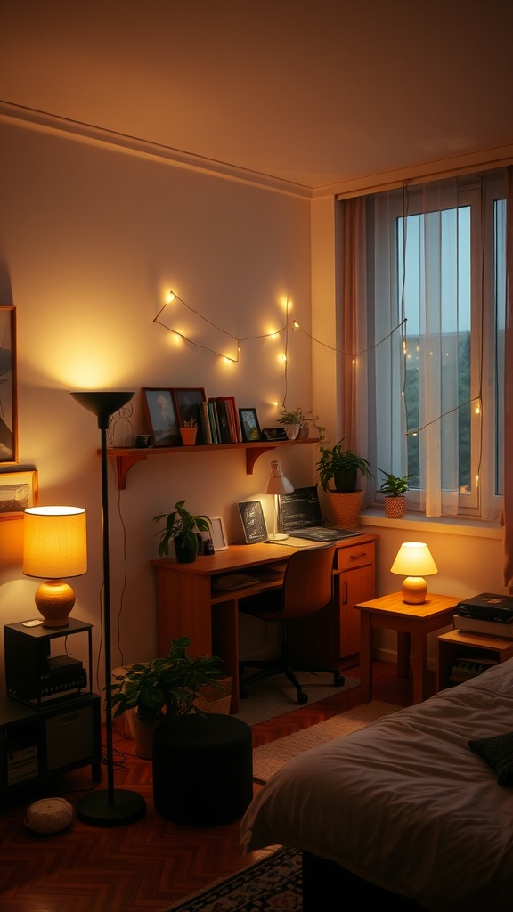 A cozy studio apartment with warm lighting from various sources including a desk lamp, floor lamp, and string lights.